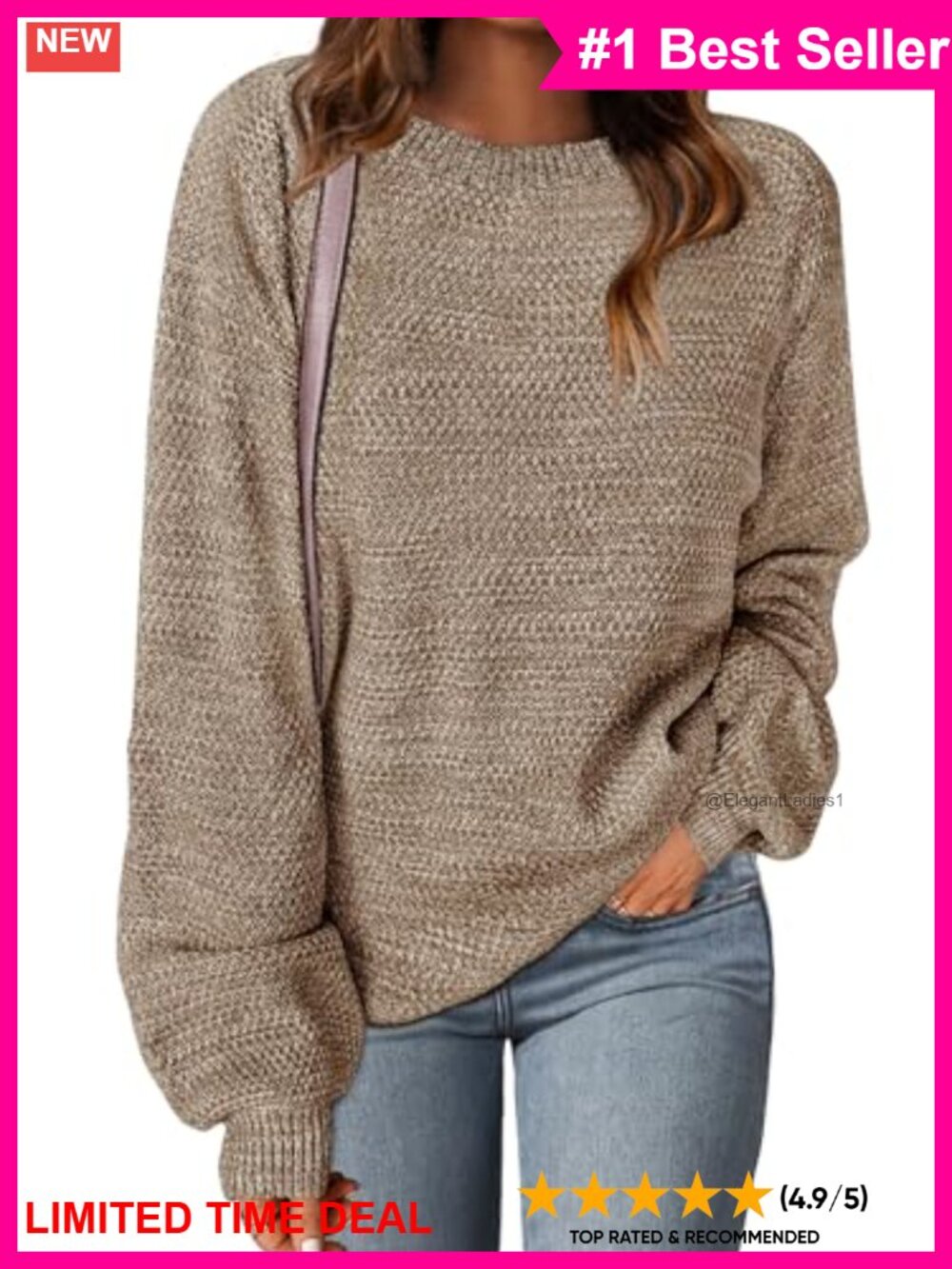 Oversized Heathered Knit Loose Pullover Sweater Lantern Sleeve Crew Neck